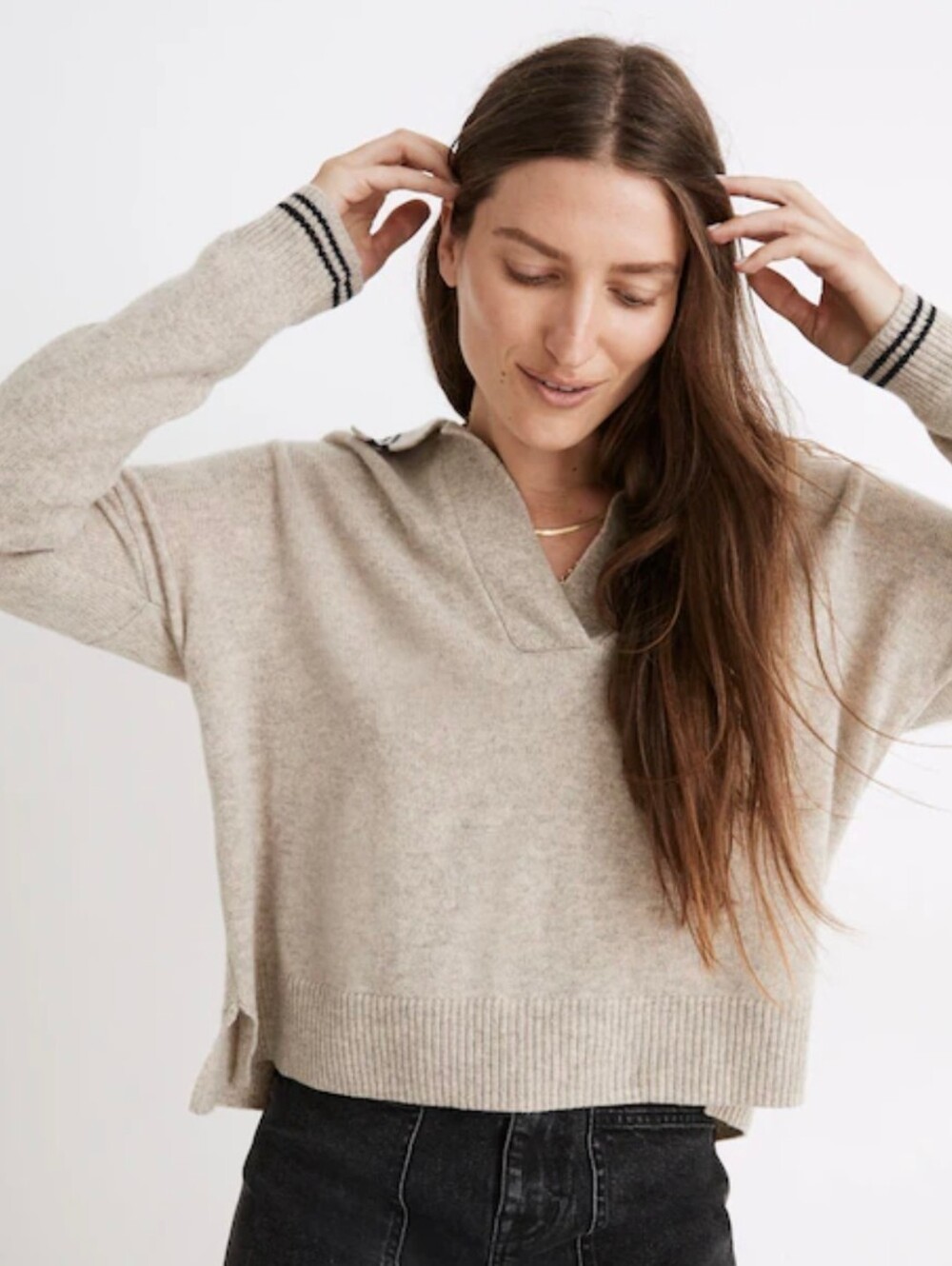 Madewell Tipped Davie Polo Sweater Merino Wool Oatmeal Beige Cropped Boxy XS